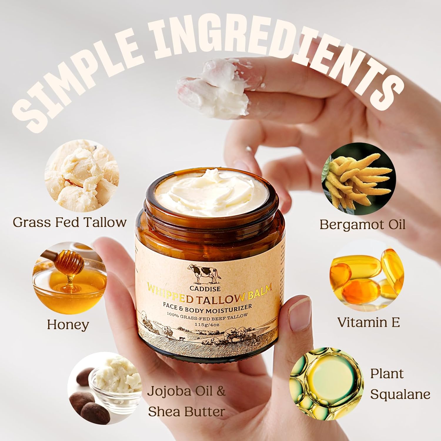 Whipped Beef Tallow for Skin – 100% Grass-Fed Handmade Cream Moisturizer for Face & Body, Natural with Honey, Shea Butter, Jojoba Oil, Non-Greasy, Nourishing for Men, Women, Kids, 4 Oz