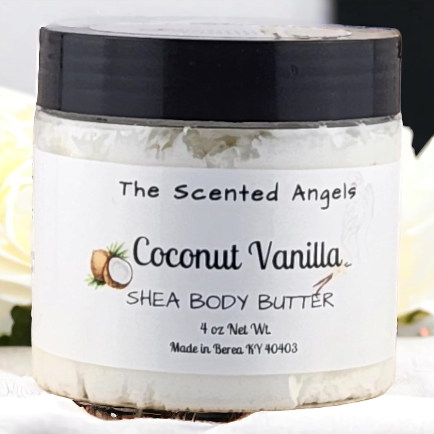 TSA Handmade Whipped Coconut Vanilla Body Butter Cream, Luxury Body Lotion for Dry Skin, Daily Moisturizing Shea Butter, Sunflower Oil, Mothers, Fathers, Women, Men, Teens, 4 oz Jar