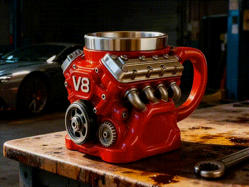 Handcrafted Vintage V8 Engine Mug – 3D Retro Muscle Car Mechanical Coffee Cup with Stainless Steel Liner