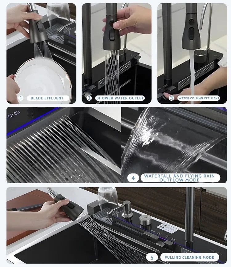 Évier de cuisine en acier inoxydable anti-rayures, fait à la main, à fente pour bol unique, multifonction, LED intelligente, affichage numérique, cascade, rondelle de tasse