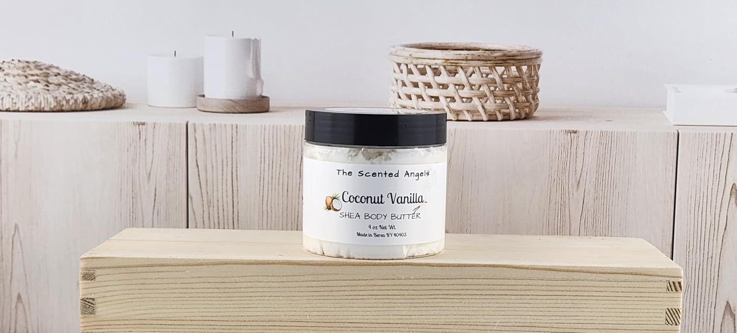 TSA Handmade Whipped Coconut Vanilla Body Butter Cream, Luxury Body Lotion for Dry Skin, Daily Moisturizing Shea Butter, Sunflower Oil, Mothers, Fathers, Women, Men, Teens, 4 oz Jar