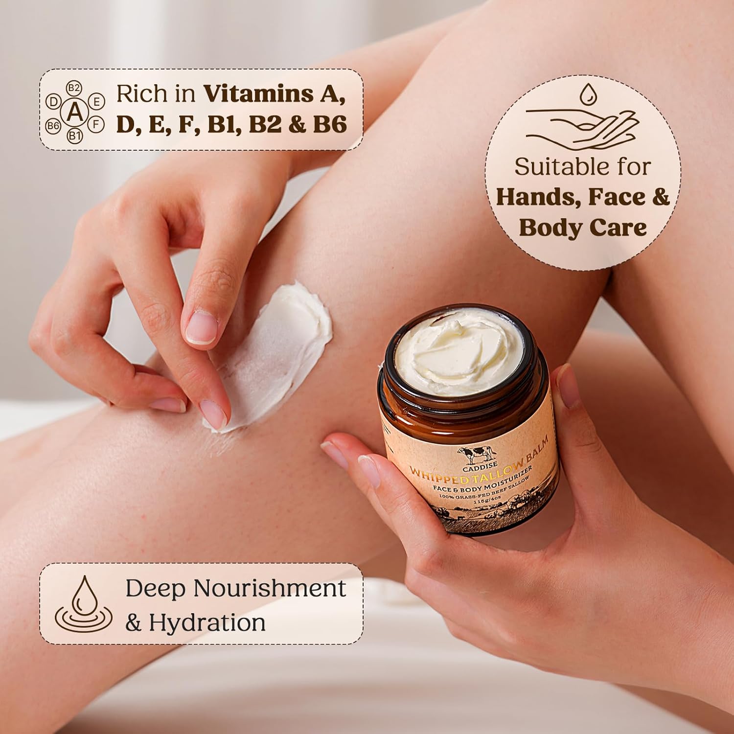 Whipped Beef Tallow for Skin – 100% Grass-Fed Handmade Cream Moisturizer for Face & Body, Natural with Honey, Shea Butter, Jojoba Oil, Non-Greasy, Nourishing for Men, Women, Kids, 4 Oz