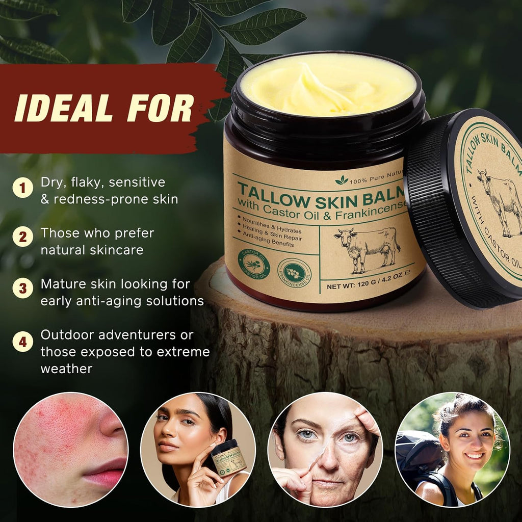 Handmade Tallow, Organic Castor Oil, and Frankincense Oil Face Balm, 100% Grass-Fed Tallow for Skin Care, Face & Body Moisturizer for Sensitive Skin & Dry Skin Age Defying, Natural Lotion