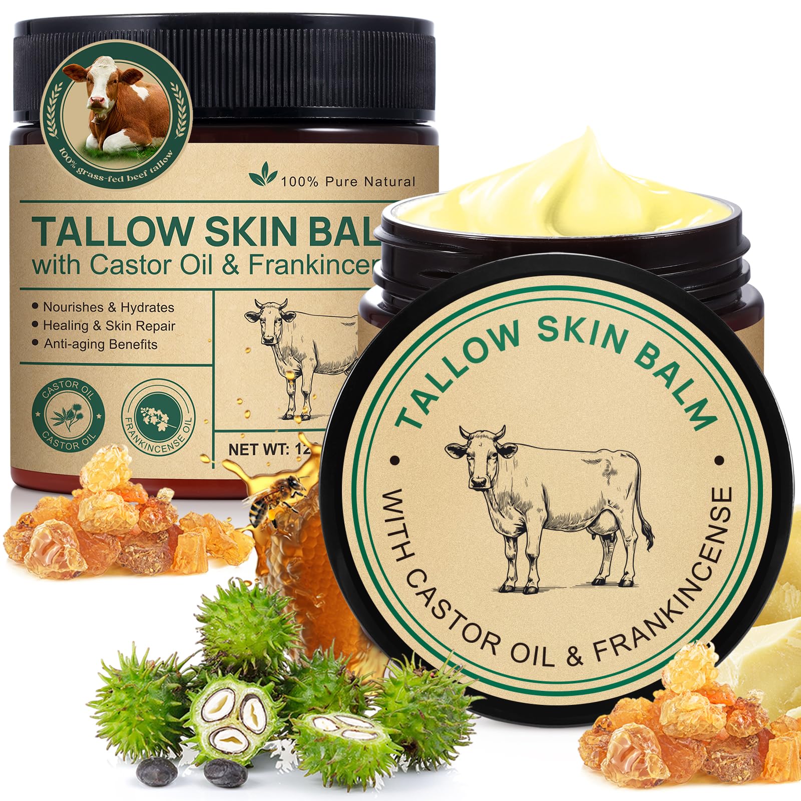 Handmade Tallow, Organic Castor Oil, and Frankincense Oil Face Balm, 100% Grass-Fed Tallow for Skin Care, Face & Body Moisturizer for Sensitive Skin & Dry Skin Age Defying, Natural Lotion