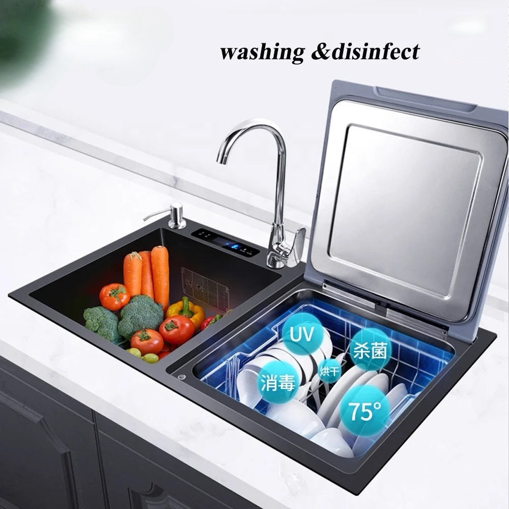 EcoWash Plus - Évier de Cuisine en Inox avec Lave-Vaisselle Intelligent et Stérilisation Intégré - 6 en 1