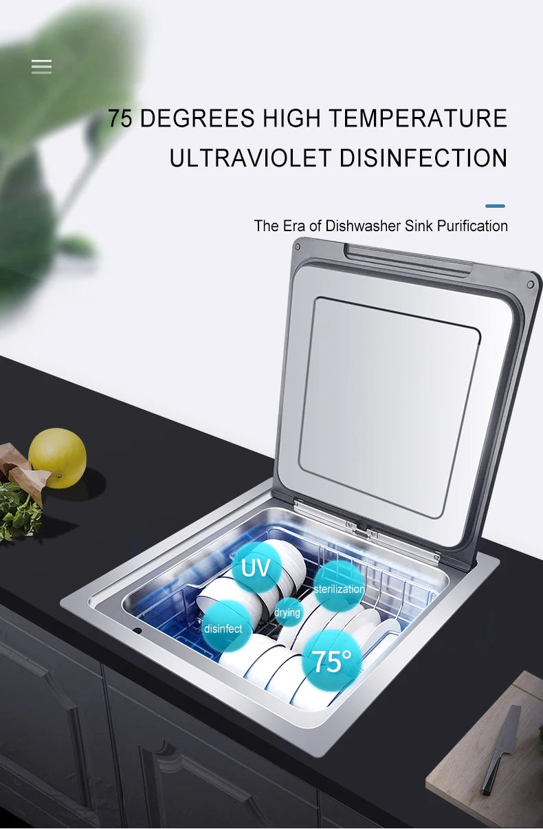 EcoWash - Lave-Vaisselle Compact Encastrable avec Stérilisation UV et Séchage Haute Température